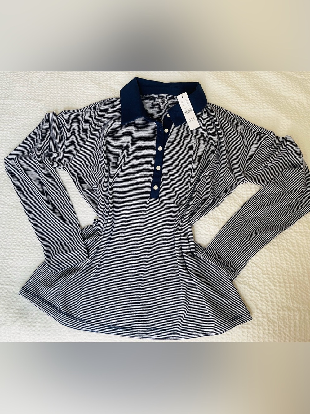 J. Crew Navy and White Striped Long-Sleeve Polo